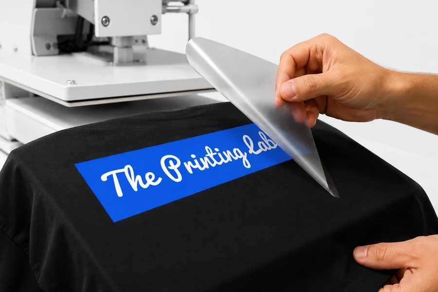 Transfer film being peeled from a printed black T-shirt