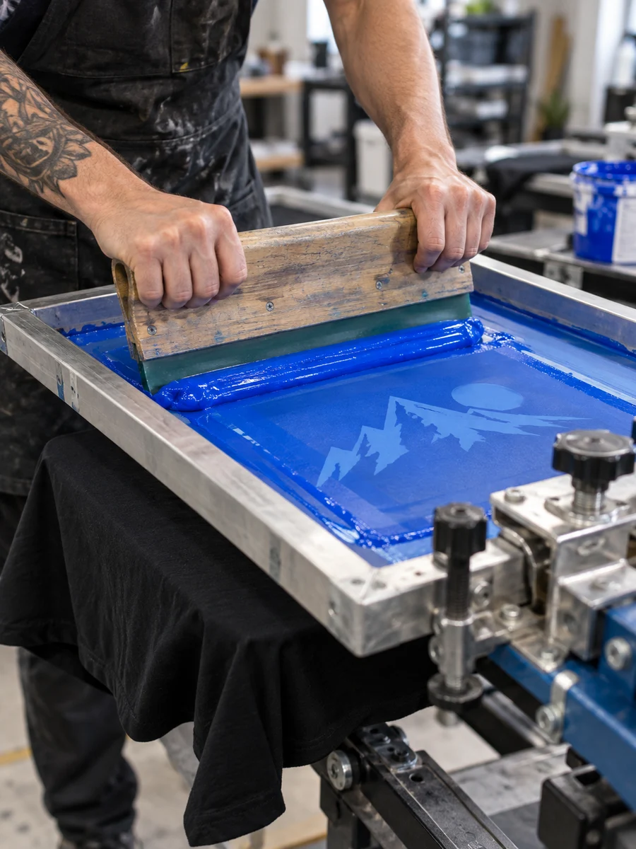 Blue ink being pulled across a screen-printing frame